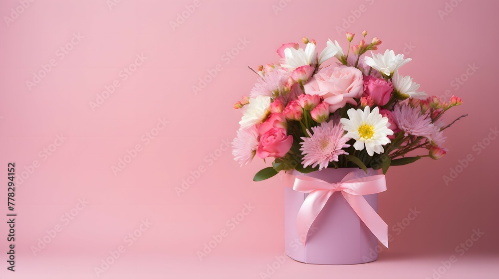 Pink background with a box with a bouquet of flowers for Mother's Day, birthday. Place for text Pink background with a box with a bouquet of flowers for Mother's Day, birthday. Place for text