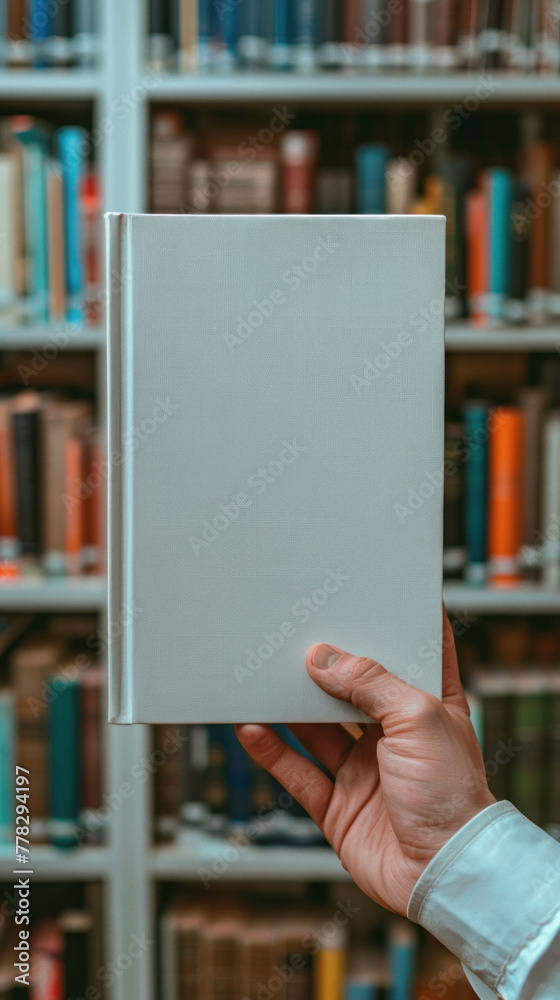 A man's hand holds a book with a blank white cover against the background of a blurred library or bookstore. Mockup, template. Day of Knowledge. World Book and Copyright Day A man's hand holds a book with a blank white cover against the background of a blurred library or bookstore. Mockup, template. Day of Knowledge. World Book and Copyright Day