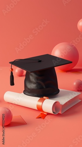 Cute 3D graduation cap and diploma on a simple background photo