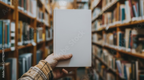 A man's hand holds a book with a blank white cover against the background of a blurred library or bookstore. Mockup, template. Day of Knowledge. World Book and Copyright Day