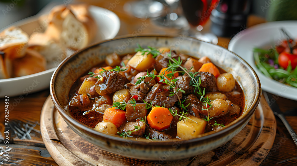 Cinematic Presentation of Beef Bourguignon with Vegetables on a Decorated Table Cinematic Presentation of Beef Bourguignon with Vegetables on a Decorated Table