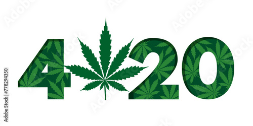 420 Weed Day International Holiday greeting card, banner, poster. Four twenty numbers made from marijuana cannabis leaves isolated on white background. Vector illustration