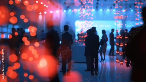 Abstract Corporate Event Ambiance, Silhouettes of professionals networking at a corporate event, highlighted by ambient red and blue lighting for a modern business atmosphere