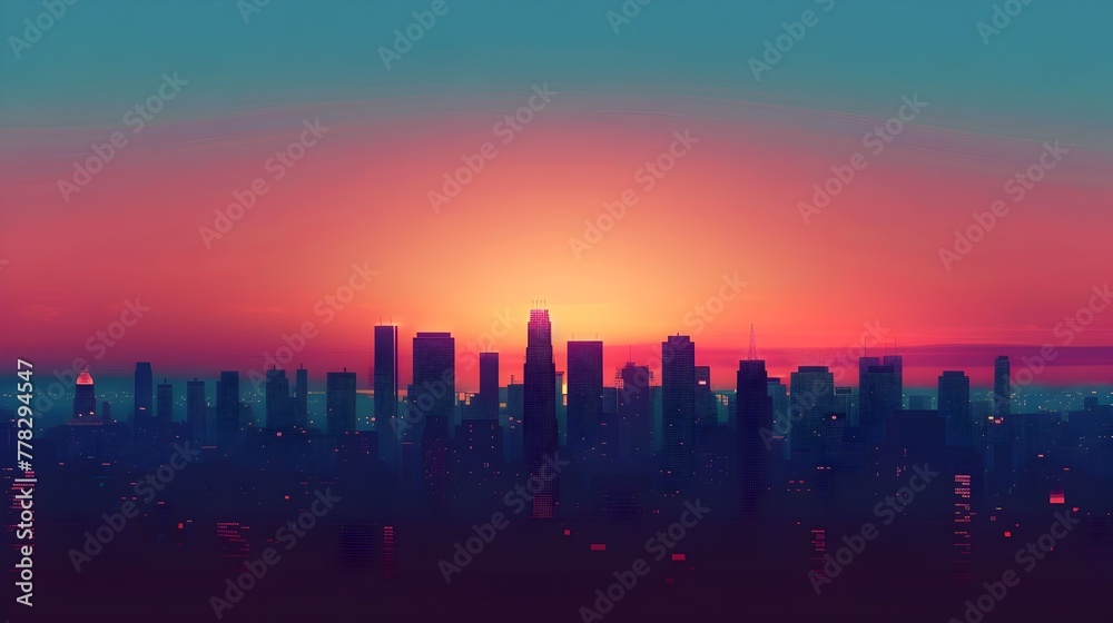 City Sunset with Colorful Lights, To provide a modern and stylish cityscape image for use as a wallpaper or background. Vibrant Sunset Cityscape Art,