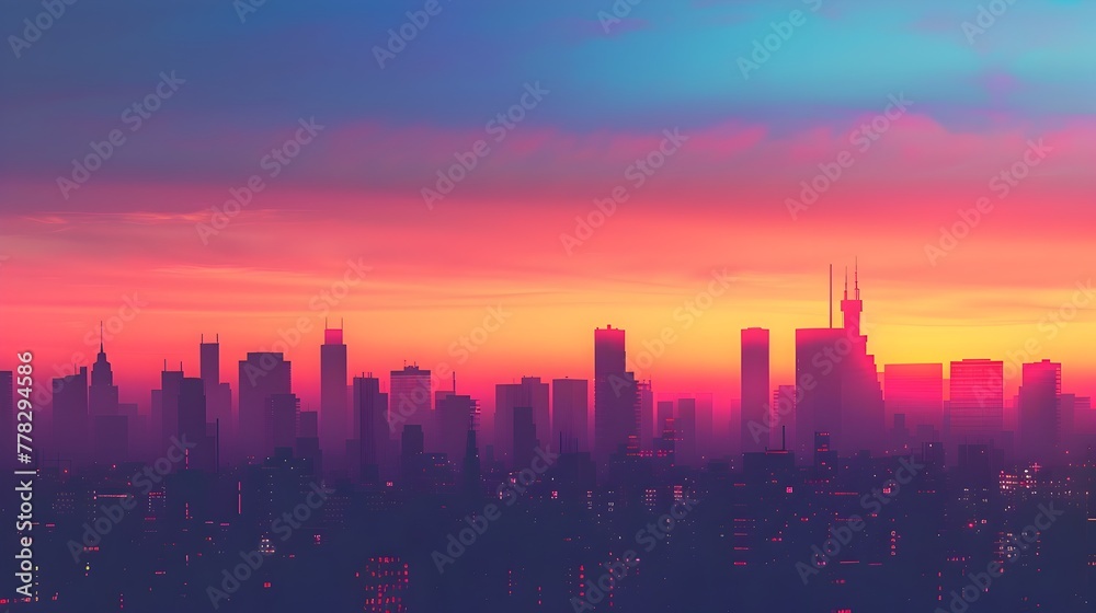 Pink and Blue Cityscape with Neon Accents at Sunset, To be used as a background image, wallpaper, or digital art piece showcasing a unique.