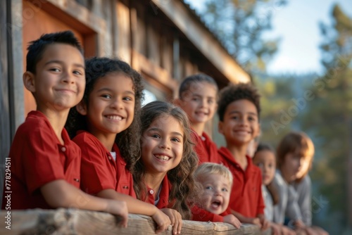 Portrait of a joyful child: a memory of a summer camp where children enjoy relaxing and playing, reflected in the portrait of a little traveler radiating happiness and fun.