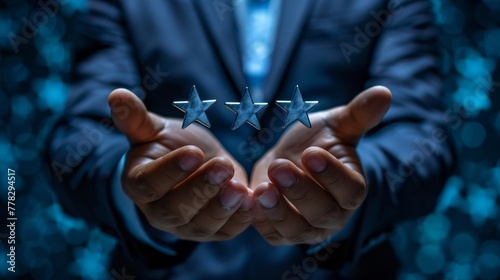 Hand of business man with star customer Experience Concept. Satisfaction Survey service experience rating three star excellent rating on background