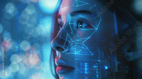 Woman with Facial Recognition Interface, Close-up of a woman's face overlaid with a glowing blue facial recognition pattern, symbolizing biometric technology and identity verification © Viktorikus