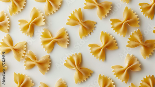 Farfalle bow-tie pasta symmetrically patterned on white background. Playful pasta shape concept. Design for culinary creativity, recipe book, children’s menu.