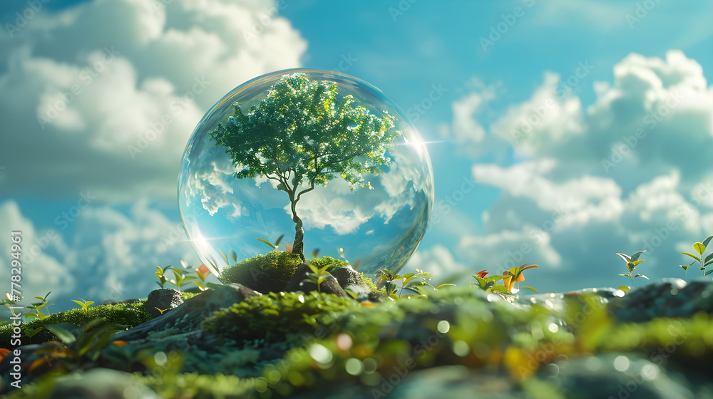 Crystal earth with green planet and blue sky in a protective shell, representing the concept of preserving a green planet.