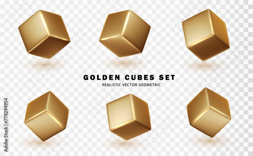 Golden 3d cubes set. Geometric gold square realistic collection.