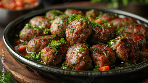 Cinematic Presentation of Beef Kofta with Rice and Vegetables on a Decorated Table