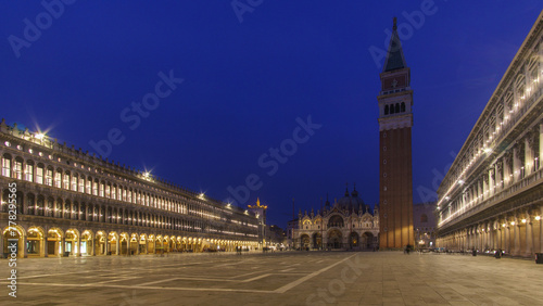 An empty illuminated San Marco square with the bell tower and the cathedral at blue hour on a winter evening, Venice, Veneto, Italy © Sebastian