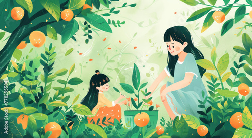 A flat illustration of a mother and daughter planting trees  surrounded by plants with green leaves and orange fruits.
