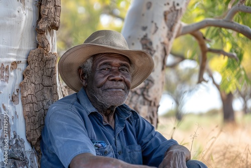 An elder native Australian man wearing hat sit under a tree