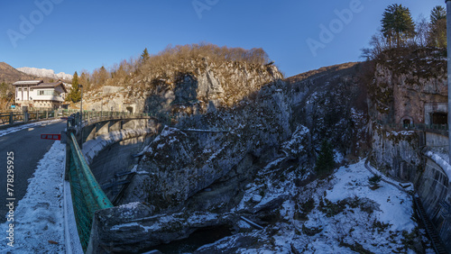 View from the dam at the canyon where the river flows in the second Belvedere along the Dint path in winter time, Barcis, Friuli-Venezia Giulia, Italy photo