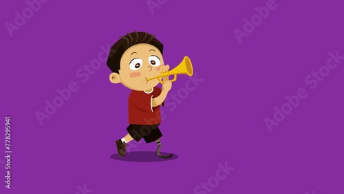 Boy walking with trumpet. Animation of music parade cartoon character