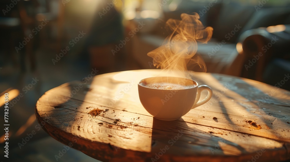 Morning coffee on rustic table - obrazy, fototapety, plakaty 