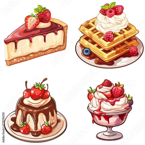 set cake with strawberries with vienesse waffle and chesecake on on trasparent background photo