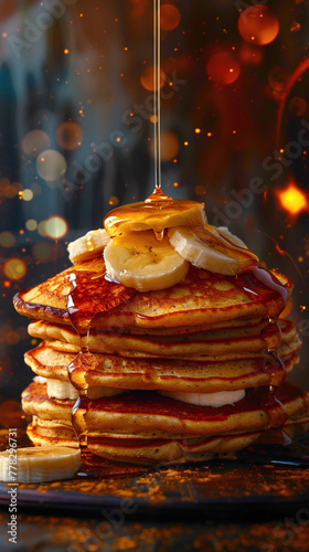 A stack of whole grain pancakes topped with sliced bananas and maple syrup