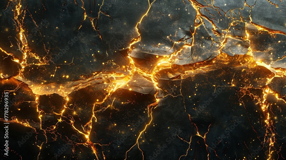 Gold cracks piercing sky, graphic lines, top view, neon glow, futuristic cityscape, sleek design