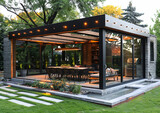 In this picture trendy sunloungers and overhang with trendy garden furniture.