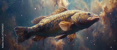Gigantic fish adrift in void, wide angle, star specks, cosmic serenity, surreal isolation