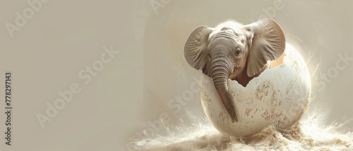 Newborn elephant in eggshell, clean white space, warm glow, direct gaze, fantasy sketch