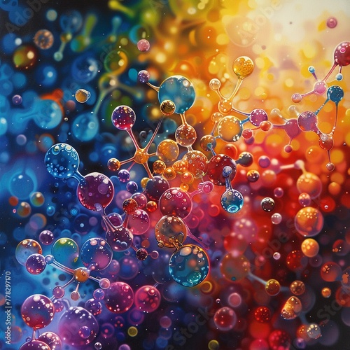 Molecular bonds in macro, holographic light reflections, rainbow palette, intricate detail