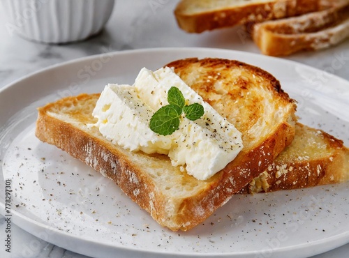 Toast with fresh cheese. Caribbean traditional breakfast snack.