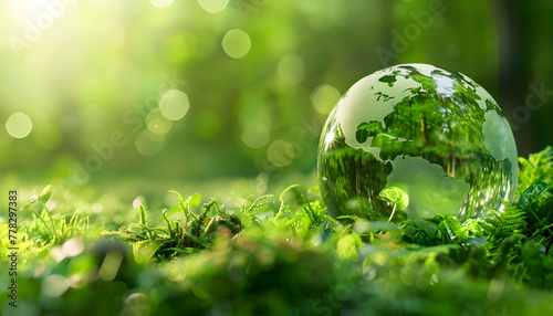 Glass globe world map encircled by verdant forest flora  symbolizing nature  environment  ESG  green energy  sustainable industry  circular economy and renewable energy  climate change awareness.