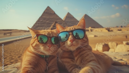 a tourist cat couple wearing sunglasses taking a selfie in front of the pyramids of giza