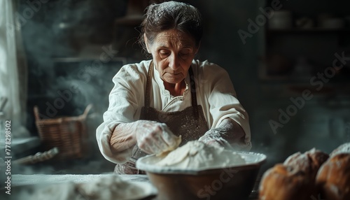 a woman baking a cake from scratch. she is wearing an apron and have flour on her face.
