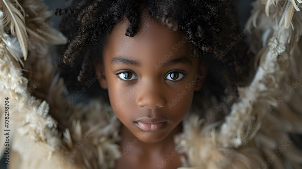 Black Child Wearing a White Angel Costume with Wings and Halo Black Child Wearing a White Angel Costume with Wings and Halo