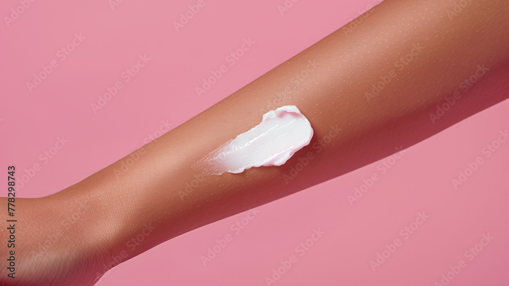 A small patch of white cream on woman arm, cose up. light pink background. Space for text. A small patch of white cream on woman arm, cose up. light pink background. Space for text.