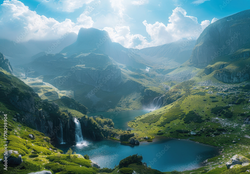 mountains with three lakes and waterfalls flowing down from them, a wide angle photo of mountain landscape with green grass, rocky terrain, lakes, clouds, waterfall