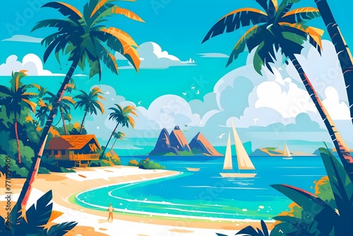 A tropical island paradise with palm trees. Flat design concept illustration