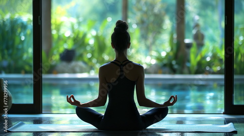 Serene Yoga Practice in Tranquil Spa Resort Setting. Wellness Retreat