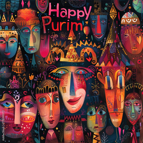 A colorful Purim card with intricate masks joyous dancers