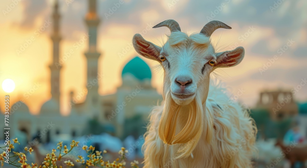 Naklejka premium Goat with Eid Background generated with Ai Tools