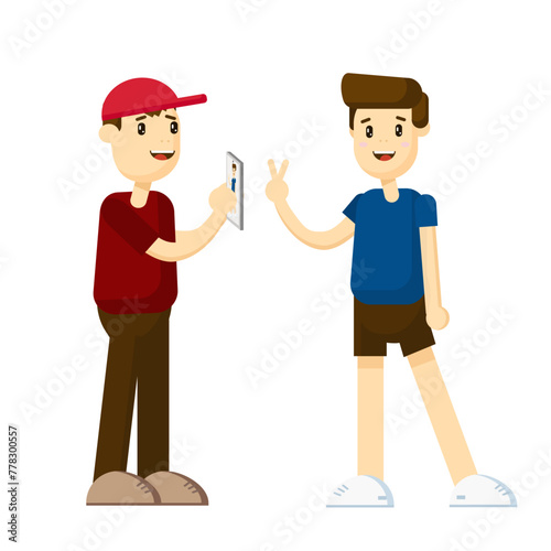 Two Man Taking Selfie Photo VIdeo Blog Modern City View Flat Vector Illustration