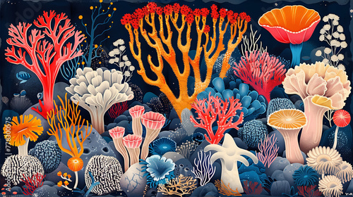 Paysage marin, fonds marins colorés avec algues, corail, faune et flore de l'océan, illustration et dessin de la mer sous l'eau, maximalisme, réalisme photo