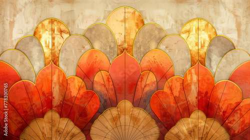 Arrière-plan art déco représentant des coquillages ou fleurs de façon stylisée, illustration murale avec tons orange, pêche et or, papier peint