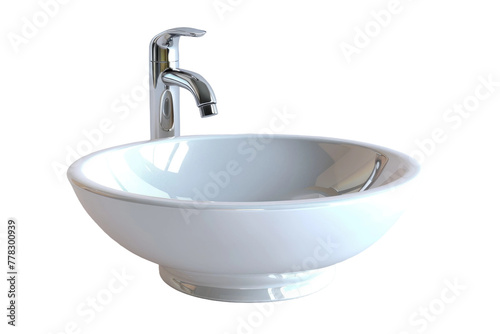 Shining Serenity: White Bowl Sink and Chrome Faucet. White or PNG Transparent Background.