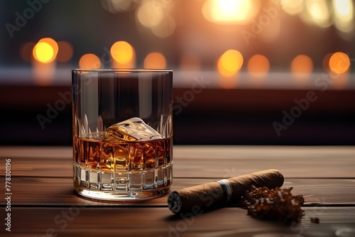 A glass with whiskey and a cigar next to it on a beautiful wooden table with a beautiful background 