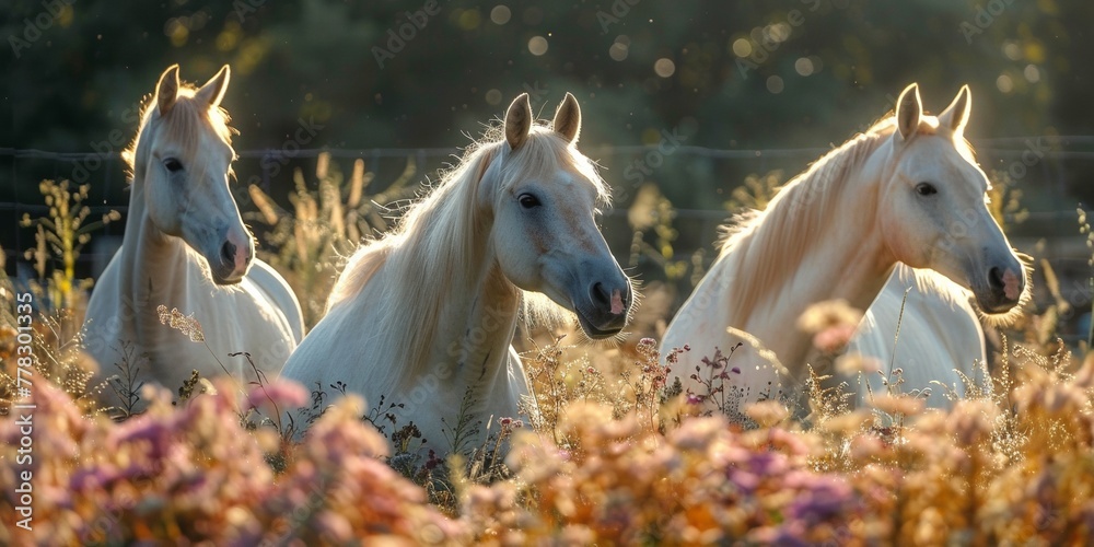 A herd of strong and gorgeous white horses grazing in a green meadow under the blue sky.