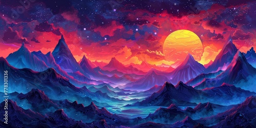 A vibrant, mystic night sky filled with stars, and moonlight over a mountain landscape.