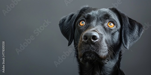 A focused portrait of a lovely black Labrador puppy, with expressive eyes, sitting outdoors on green grass.