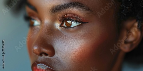 A vogue beauty portrait of a glamorous black woman with shiny makeup, emphasizing her style and allure.