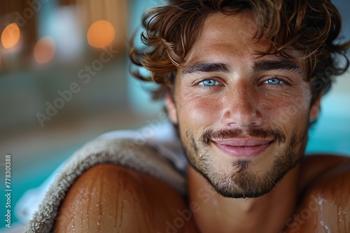 In a cheerful portrait, an attractive, handsome wet man in a spa holds a towel.